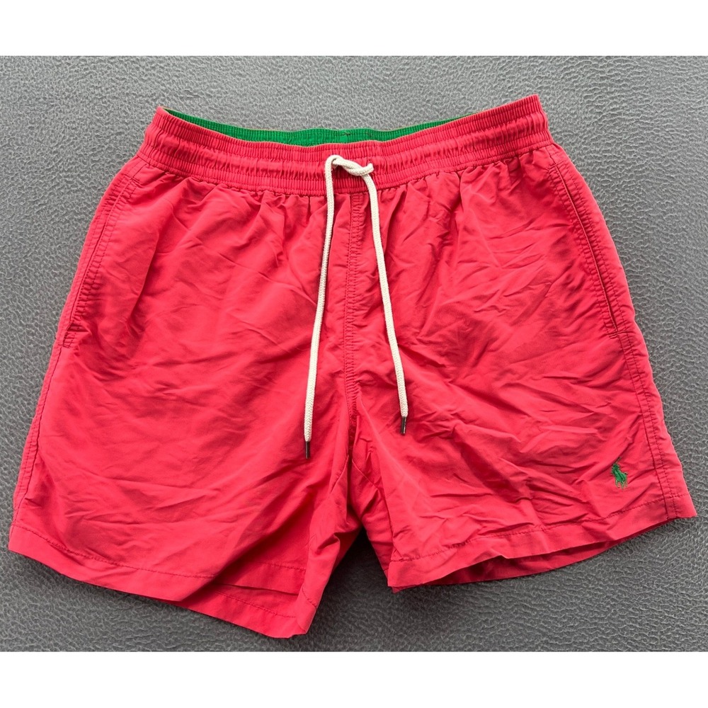 Polo Ralph Lauren Shorts Men's Medium Red Green Pony Swim Trunks Mesh Line